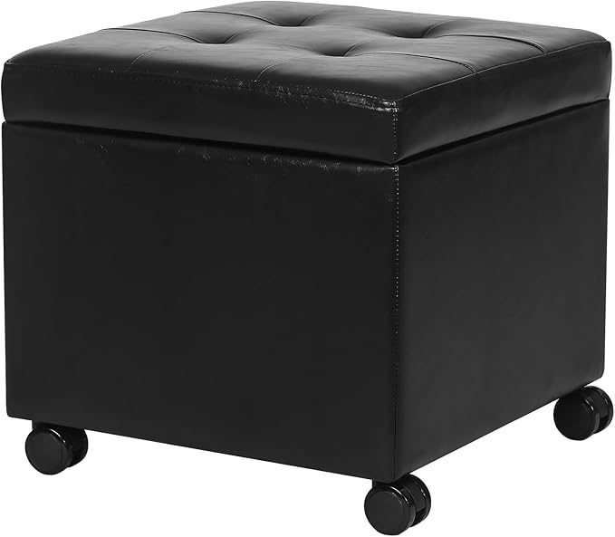 Adeco Modern Tufted Faux Leather Storage Ottoman with Wheels | 18.8" Square Rolling Footrest Stool & Vanity Seat for Living Room, Bedroom, Dorm | Hinged Lid, Black
