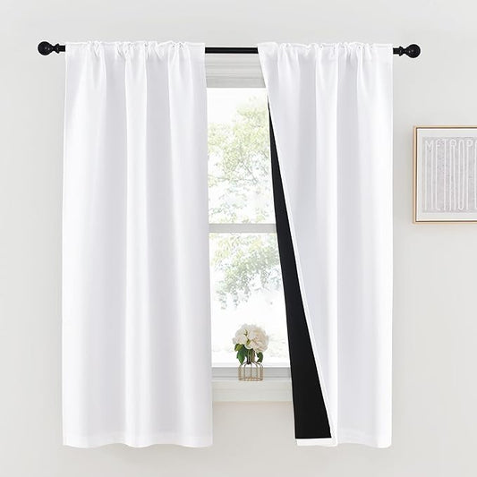 NICETOWN 100% Blackout Short Curtain Panels, Cold and Full Light Blocking Drapes, Short Curtains, 63 Inches Drop Thermal Insulated Draperies for Loft (Pure White, 2 Pieces, 37 inches Wide per Panel)