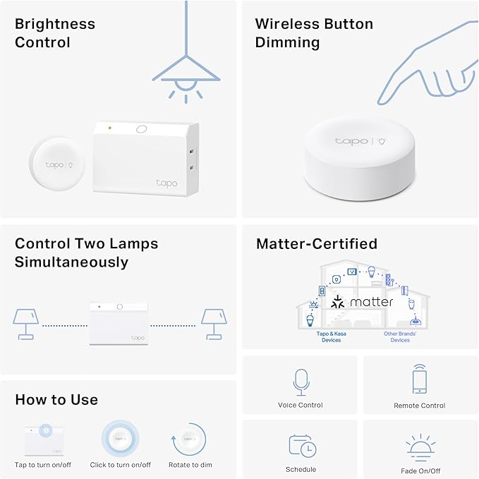 TP-Link Tapo Smart Dimmer Plug KIT, Matter Compatible, Wireless Dimmer Button, Dual Outlets, Max Power 300W, Works w/Apple Home, Alexa & Google Home, ETL Certified, 2.4G Wi-Fi, White (Tapo P135 KIT)