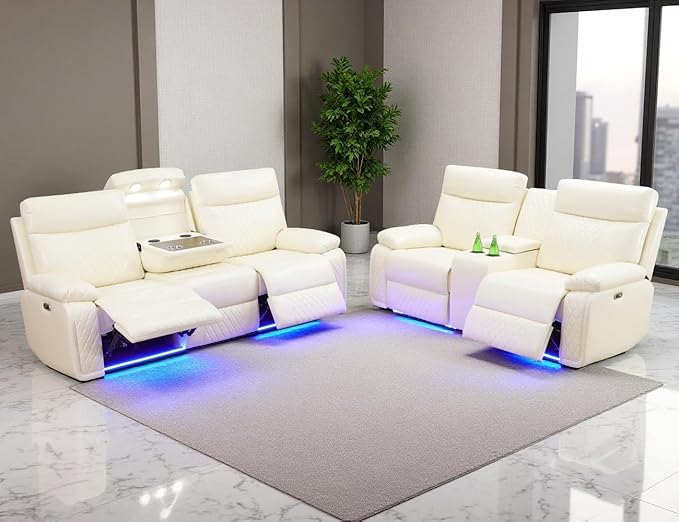 Power Reclining Sofa Set, Living Room Furniture Sets, Leather Recliner Sofa Loveseat with Cup Holders/Storage/Charging, Breathing Leather Reclining Couch for Home Theater/Office, Cream White