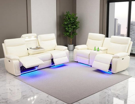 Power Reclining Sofa Set, Living Room Furniture Sets, Leather Recliner Sofa Loveseat with Cup Holders/Storage/Charging, Breathing Leather Reclining Couch for Home Theater/Office, Cream White