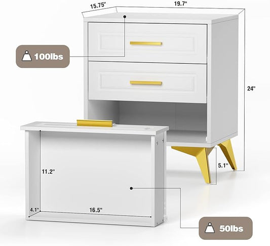 Giluta White Nightstand with 3 Drawers, Modern Night Stand with Gold Solid Metal Legs & Handles, Wood Bedside Table, Sofa End Side Table for Bedroom
