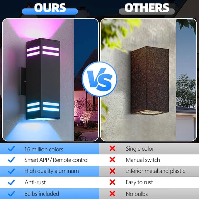 SHIMR Color Changing Outdoor Wall Lights 2 Pack, Ambiance Up and Down Lights Outdoor, Waterproof Square Smart Porch Lights WiFi APP Control Exterior Light Fixture Home Theater Lighting [ETL Listed]