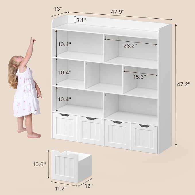 Gizoon Toy Storage Cabinet and Kids Bookcase with 4 Movable Drawers and 8 Open Shelves Toy Chest Shelf Organizer with Hidden Wheels for Playroom Nursery Kids Room, White