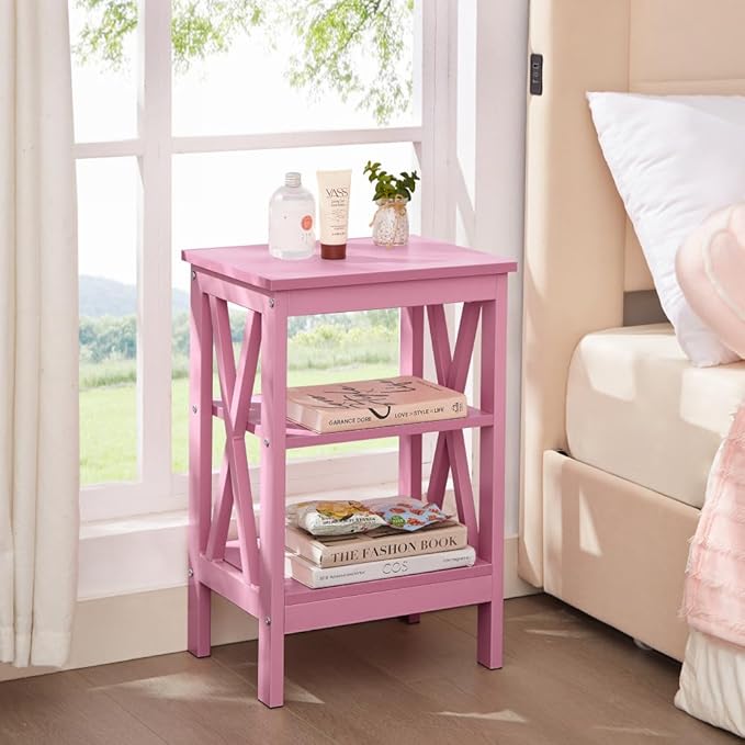VECELO End Table Set of 2, Bedside Table, 24" Tall Living Room End Tables, X-Design Reinforced Nightstands, Side Table with 3-Tier Storage Shelves for Small Spaces, Office, Bathroom, Bedroom, Pink