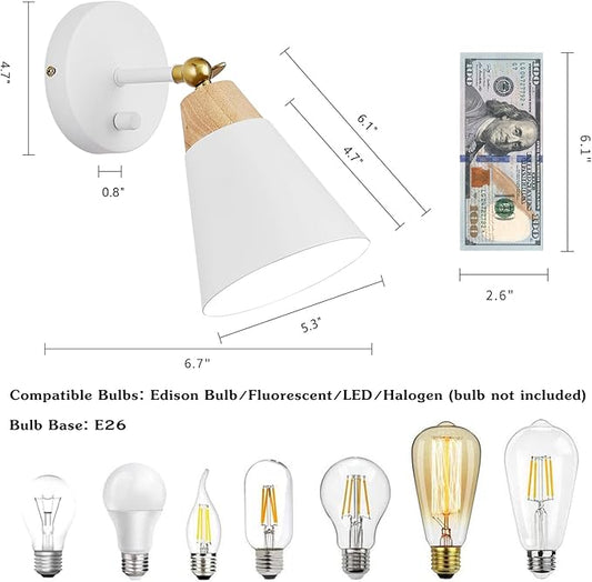 Wall Sconce Set of 2, Wall Sconce Lighting Fixture with Metal Shade, Rotary Switch, Indoor Decor Wall Mount Swing Arm Lamp for Bedroom,Hallway,Living Room,Reading, White