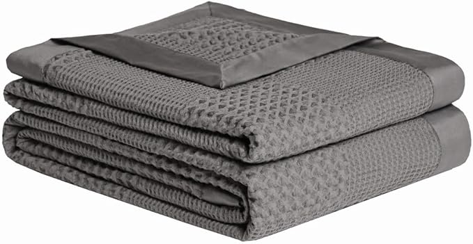 meadow park Cotton Waffle Blanket with Sateen Binding - Twin Size - Lightweight and Breathable - Charcoal Color