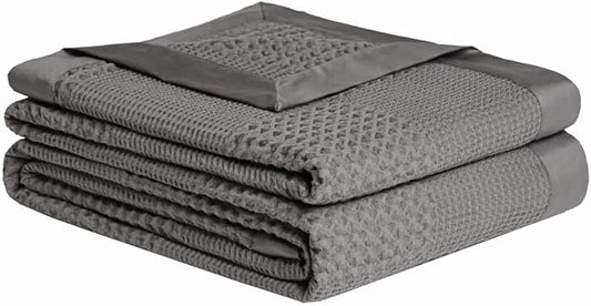 meadow park Cotton Waffle Blanket with Sateen Binding - Twin Size - Lightweight and Breathable - Charcoal Color