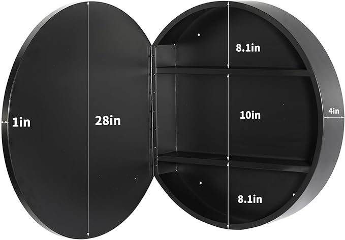 Movo 28 Inch x 28 Inch Bathroom Round Black Aluminum Medicine Cabinet with Mirror, Circular Storage Cabinet Surface Mounted
