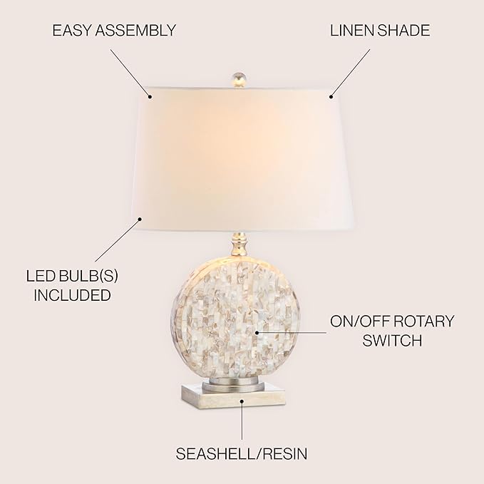 JONATHAN Y 24" Dennis Cream Mother-of-Pearl Seashell Table Lamp, Coastal Traditional Bedside Lamp for Living Room Bedroom, White Linen Drum Shade, LED Bulb Included JYL1050A