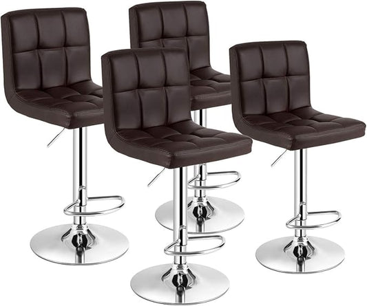 COSTWAY Adjustable Bar Stools Set of 4, Modern Swivel PU Leather Bar Chair with Backrest, Soft Cushioned Seat, Footrest, Sturdy Metal Frame, Comfortable Barstools for Kitchen Island, Pub, Brown