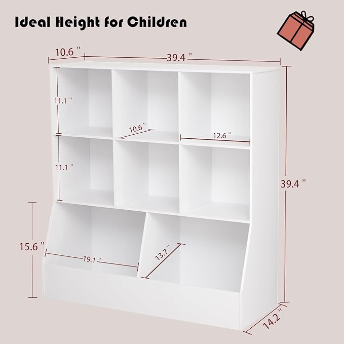 DINZI LVJ Toy Storage Organizer, Kids Bookshelf, Wood Toy Storage Cabinet, 3-Tier 8 Cubby Children Bookcase, 39.4" L Toddler Book Shelf for Playroom, Living Room, Nursery, Hallway, School, White