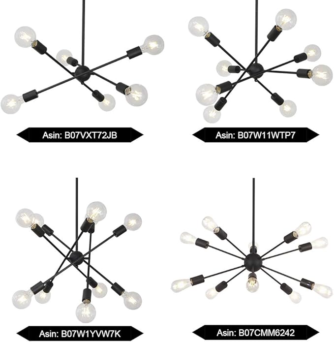 BONLICHT Sputnik Chandelier Lighting 6 Lights Black Chandelier Mid Century Pendant Light Vintage Industrial Kitchen Dining Room Ceiling Lighting Fixture for Bedroom Hallway Foyer Island Farmhouse