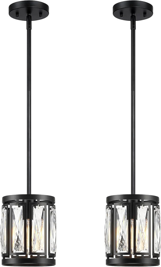Crystal Pendant Lighting Fixture Matte Black Drum Shade Chandelier,2-Pack Pendant Lights for Kitchen Island Modern Ceiling Lights for Living Room