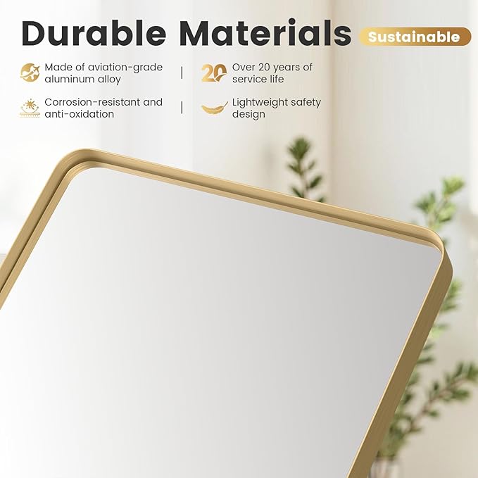 30"X40" Large Gold Metal Framed Bathroom Mirror for Wall, Large Mirrors for Spacious Rooms,Gold Rounded Rectangle Mirror, Brushed Gold Bathroom Vanity Mirror Farmhouse, Anti-Rust, Tempered Glass