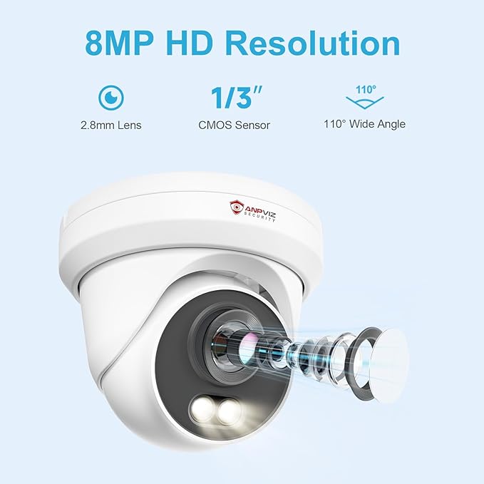Anpviz 4K 8MP PoE Camera, Full Metal Turret Security IP Camera Outdoor Wired, AI Human Vehicle Detection, 100FT Smart Dual Light Color Night Vision, Built-in Mic, NDAA, IPC-D3B83W-S (U Series)