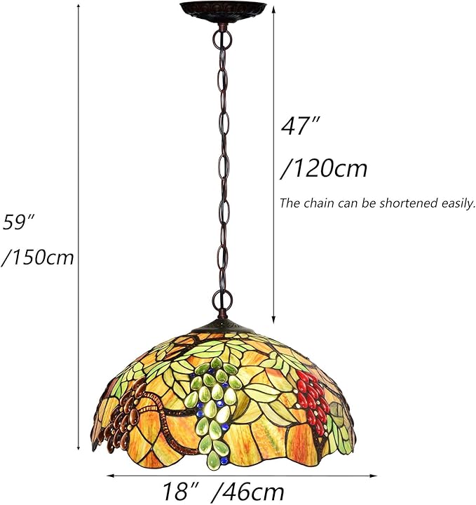 Bieye L10762 Grape Tiffany Style Stained Glass Ceiling Pendant Light with 18 inches Wide Shade, 3-Light, Hard-Wired
