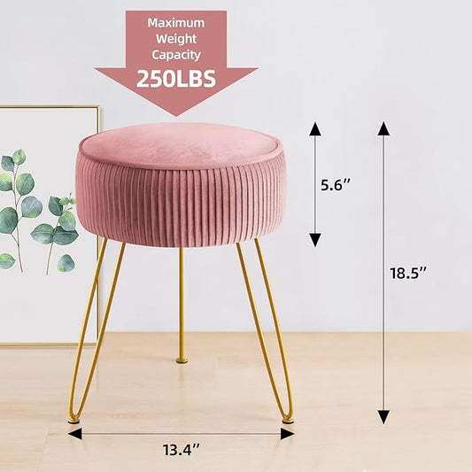 GERANT Multi-Functional Velvet Round Ottoman Footrest with Metal Legs - Modern Offices & Makeup Room Stool, Light Pink