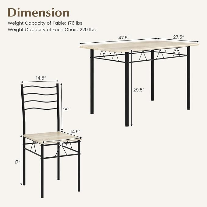 COSTWAY Kitchen Table Chairs Set of 4, 5 Piece Metal Rectangular Dinette Set w/Non-Slip Pad, Space-Saving Design, Modern Dining Room Table Set for Small Place Breakfast Nook Restaurant (Natural)