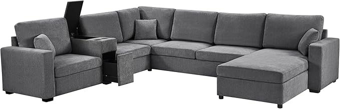 Merax Modern Oversized U-Shaped Sectional Sofa with Piollows & Chaise Lounge, Chenille 5-Seat Couch Set Sleeper Bed with Cup Holders, Storage Drawer for Living Room, Easy Assemble, Gray