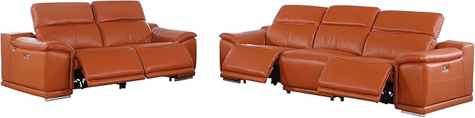 Blackjack Furniture Venice Top Grain Italian Leather Recliner 5 Seater 4 Power Reclining Seater 2 Piece Sofa Set with Adjustable Headrests Modern Seating Sofa and Loveseat for Living Room , Camel