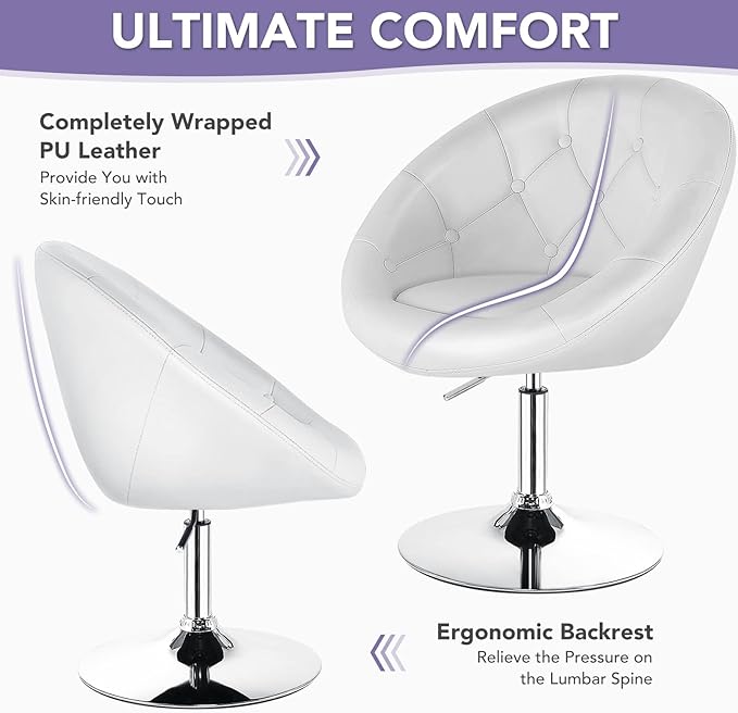 Tufted Leather Swivel Accent Chair - Height Adjustable, Round Back, Chrome Frame, Suitable for Bedroom, Lounge, Bar