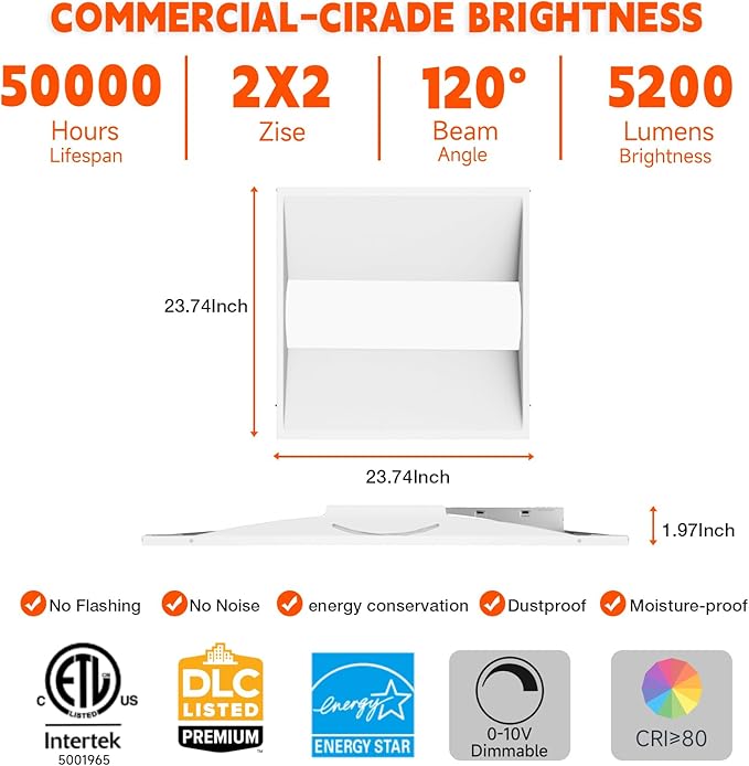 OKQ 24Pack2x2 LED Troffer Center Basket Panel,5Color Tunable 3500K/4000K/5000K, Watt Adjustable, 30W/35W/40W-Up to 6000Lumens,0-10V Dimmable Recessed Back-Lit Drop Ceiling Light,ETL&DLC Qualified