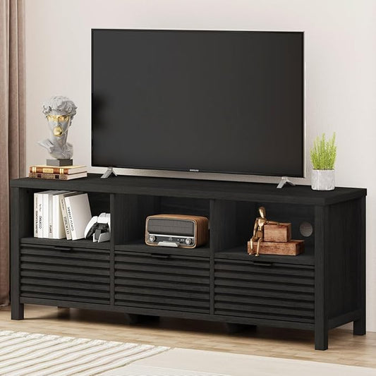 BON AUGURE Black TV Stand for 65 55 50 in TVs, Mid Century Modern Entertainment Center with Storage Drawers, Wood Television Media Console Cabinet for Living Room, Bedroom (Black Oak)
