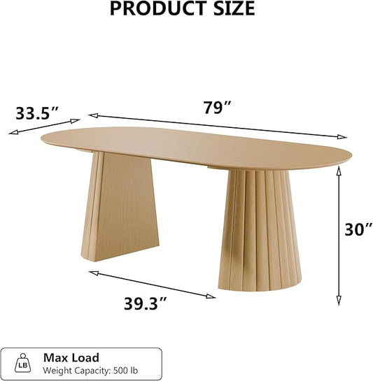 Casaphoria 79" Oval Dining Table, Modern Wood Kitchen Table with Cone Shaped Stripe Convex Base for Living Room & Dining Room, Easy Assembly Farmhouse Furniture for 6-8, Oak