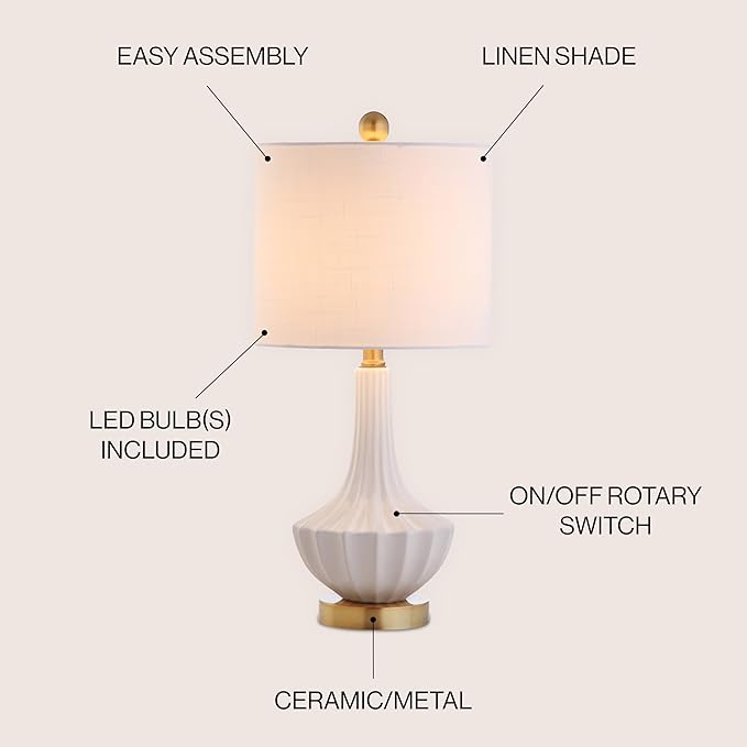 JONATHAN Y 21.5" White Ceramic Mini Table Lamp with Brass Accents, Modern Contemporary Fluted Design with White Linen Shade for Bedroom Living Room, LED Bulb Included JYL1030A