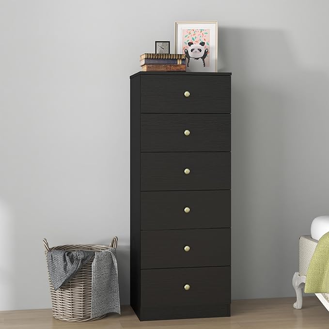 Panana Modern 6 Drawer Vertical Dresser, Wood Tall Chest of Drawers N Arrow Storage Organizer with Wide Drawers & Metal Gold Handles for Bedroom, Living Room, Office, Hallway, Entryway (Black)
