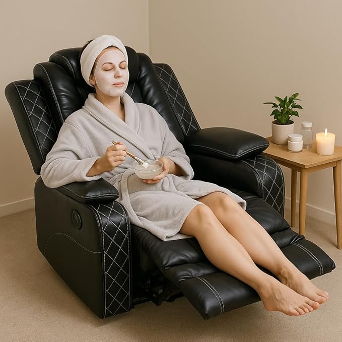 Power Recliner Chair with LED Lights & USB-C Port, Black Leather Electric Lounge Chair