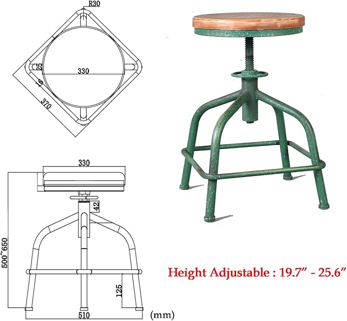 Topower Farmhouse Kitchen Stool, Industrial Counter Stool, Kitchen Deco Round Seat Standard Height Adjustable Swivel Bar Stools Indoor House Design Wood Seat Antique Green Set of 2