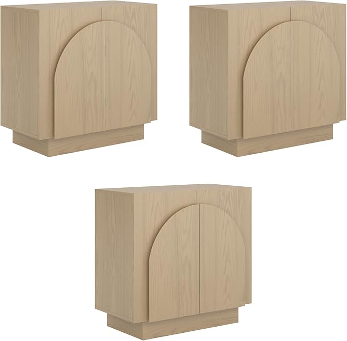 Nathan James Iris Mid-Century Modern Credenza, Light Brown TV Stand, Living Room Wood Storage Cabinet with Arched Cabinet Doors, White Oak, Set of 3