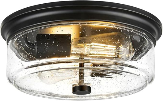 Black Flush Mount Ceiling Light, 12 Inch 2-Light Industrial Farmhouse Ceiling Light Fixture with Seeded Glass Shade, Flush Mount Light for Kitchen, Hallway, Entryway, Bedroom