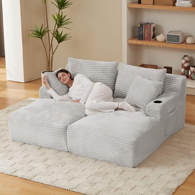 Eafurn Oversized Double Chaise Lounge Indoor with Cup Holders & Side Pocket, 71" Plush Corduroy Boneless Chaise Lounge Sofa with High Density Sponge & Deep High Seat Comfy Sleeper Couch Bed | Breathable material, No Assembly, 52" Deep Seat, 19.7" High ...