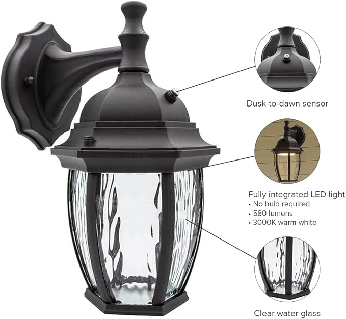 Maxxima LED Outdoor Wall Light - Features Clear Water Glass, 3000K Warm White, 580 Lumens, Dusk to Dawn Photocell Light Sensor, Patio or Porch Sconce Fixture, Ideal for Exterior Decor Lighting - Black