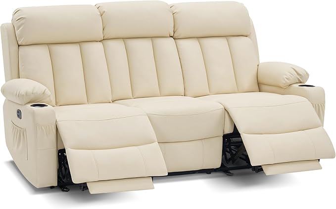 MCombo Power Reclining Sofa with Heat and Vibration,USB Ports, Cup Holders,3-Seat Dual Recliner Sofa for Living Room 6077 (Cream White, 3 Seater)