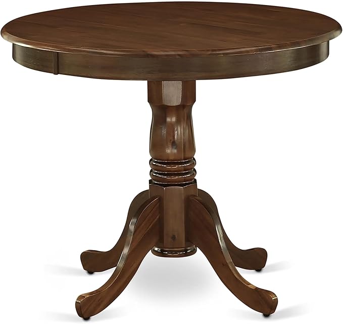 East West Furniture ANAB3-AWA-05 3 Piece Modern Dining Table Set Includes a Round Kitchen Table with Pedestal and 2 Parson Dining Chairs, 36x36 Inch, Antique Walnut
