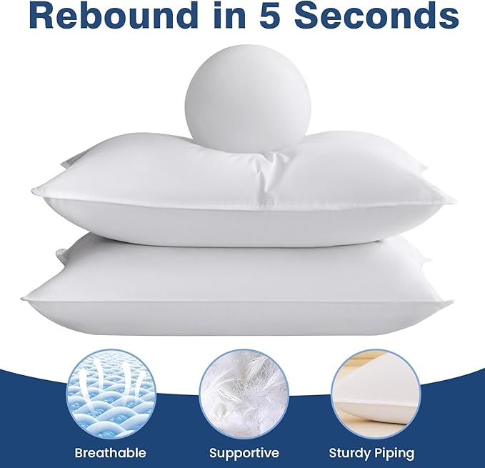 Goose Feather Pillows Queen Size Set of 2 - Hotel Collection Bed Pillows for Sleeping 2 Pack, 700 TC Organic Cotton Shell, Soft Support for Back, Stomach or Side Sleepers, Queen/Full, 18"x30"