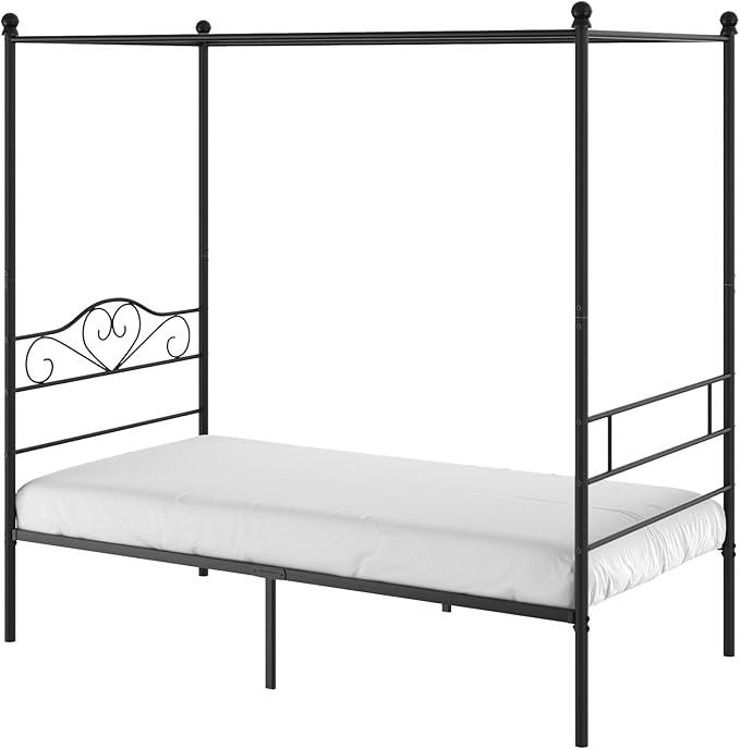 VECELO Twin Canopy Bed Frame with Headboard and Footboard, Metal Four Posters Design, Mattress Foundation Platform with Steel Slats Support, Underbed Storage Space, No Box Spring Needed, Black