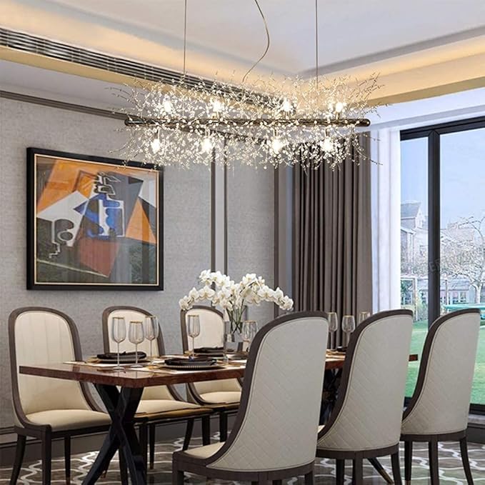 Modern Crystal Firework Chandelier, Linear Dining Room Lighting Fixtures Hanging, Chrome Dandelion Chandelier LED Pendant Lighting for Dining Room, Bedroom, Living Room (12-Light, 35.5")