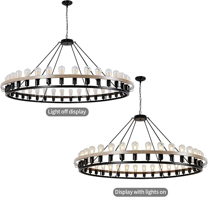 Wagon Wheel Chandelier 60-Inch 36-Light, Black and Oak Wood Tone Finish Round Rustic Farmhouse Chandelier Extra Large for High Ceilings, Living Room Foyer