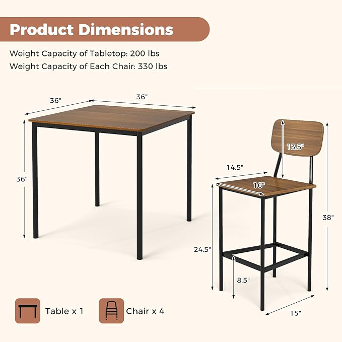 GOFLAME 5-Piece Dining Table Set for Small Space, Kitchen Table and Chairs Set for 4 with Steel Frame, Square Breakfast Table Set, Industrial Counter Height Table Set for Home, Restaurant & Cafe, Teak