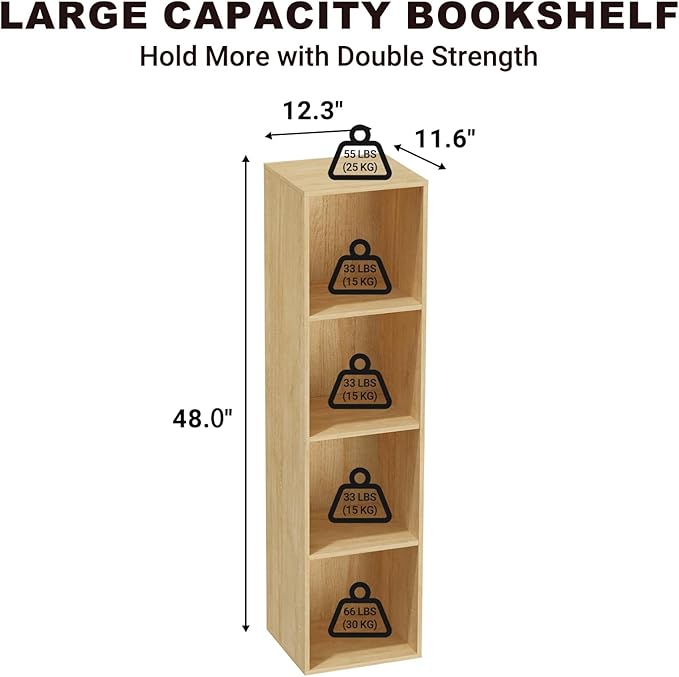 4 Tier Bookshelf, Freestanding Corner Storage Shelve Book Case for Narrow Space, 4 Cube Storage Organizer Small Bookcase for Home Office Living Room (Oak, 4 Cube)