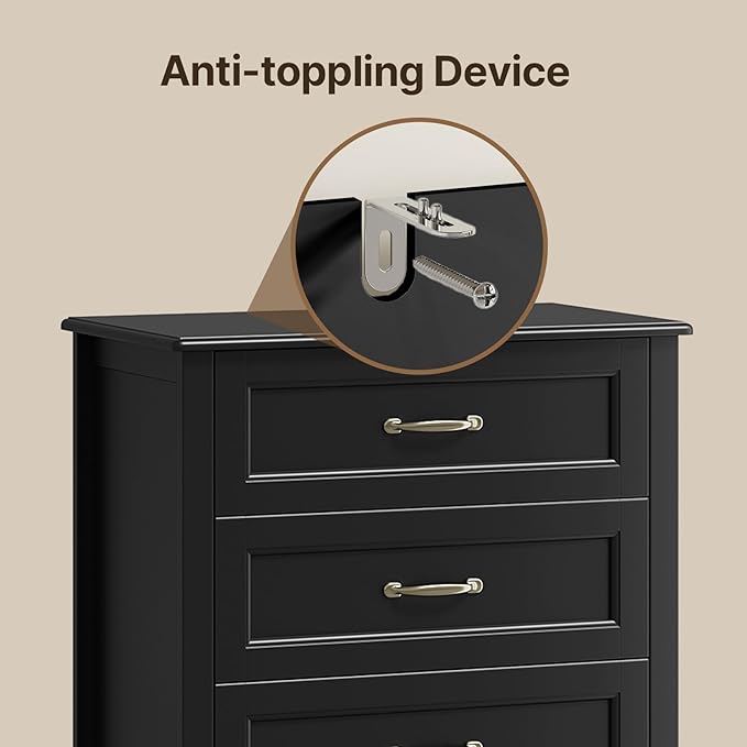 Gizoon 5 Drawer Dresser, Black Wood Chest of Drawers for Bedroom, 43.3" Large Capacity Storage Cabinet with Anti-Tip Device, for Clothes, Living Room, Hallway, Office