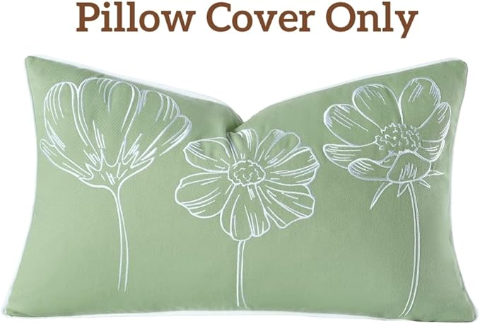 Sunkifover Decorative Floral Lumbar Pillow Cover 12x20 Inch Sage Green and White Cotton Embroidery Flower Throw Pillowcase Cushion Cover for Bed Bedroom, Living Room, Sofa