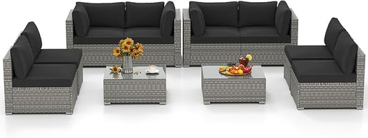 Tangkula 10-Piece Outdoor Patio Sectional Sofa Couch, PE Rattan Conversation Set w/Glass Coffee Table & Cushions, Outdoor Furniture Set w/Sturdy Metal Frame for Garden Poolside Backyard