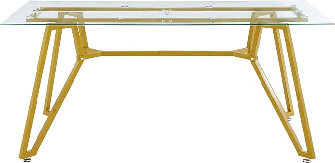 KEIKI 70.9 in Rectangular Glass Dining Table, Suitable for 1-8 People, Modern Style Home Kitchen Dining Table, Equipped with Sturdy Metal Table Legs for Dining Room, Living Rooms, Offices, Gold
