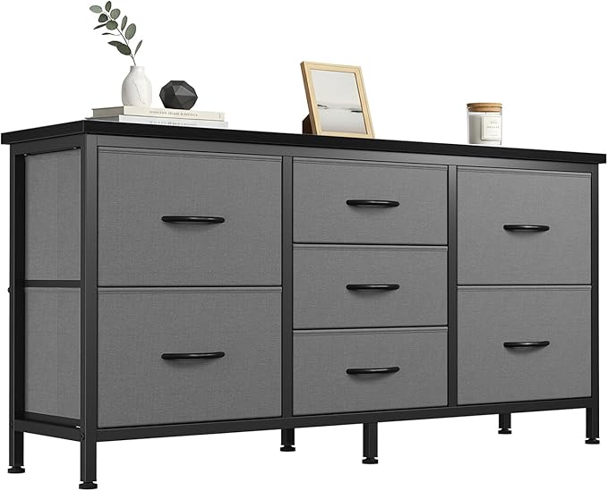 DUMOS TV Stand for Bedroom with Storage TV Stands for Living Room Grey, 7 Drawer Farmhouse Entertainment Center Media Console Table with Metal Frame Adjustable Feet